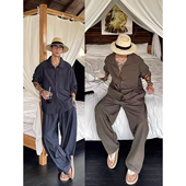 男夏季 新贵轻奢高级感长袖 衬衫 老钱风亚麻套装 长裤 度假休闲一整套