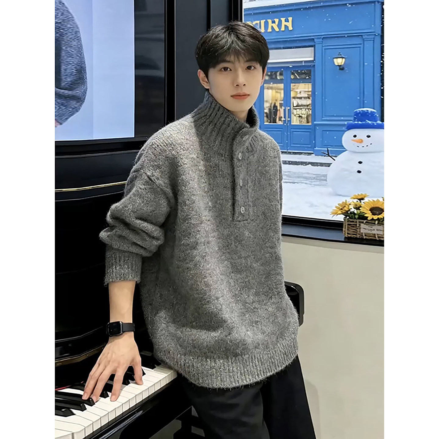 灰色韩系高领毛衣男款冬季cleanfit亨利领针织衫老钱风内搭打底衫,男装,针织衫/毛衣,淘宝优惠券,粉丝福利购,淘宝优惠卷