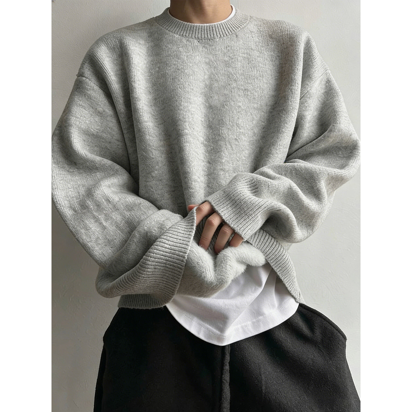 浅灰色加厚加绒毛衣男冬季美式复古圆领针织衫高级感慵懒打底上衣,男装,针织衫/毛衣,淘宝优惠券,粉丝福利购,淘宝优惠卷