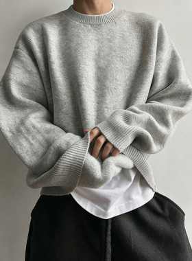 浅灰色加厚加绒毛衣男冬季美式复古圆领针织衫高级感慵懒打底上衣