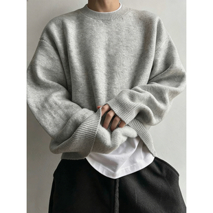 浅灰色加厚加绒毛衣男冬季美式复古圆领针织衫高级感慵懒打底上衣