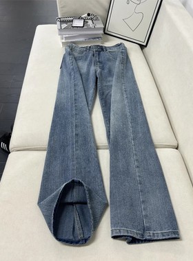 蓝色竹节纹弯刀牛仔裤男秋冬美式水洗vibe裤子cleanfit直筒微喇裤