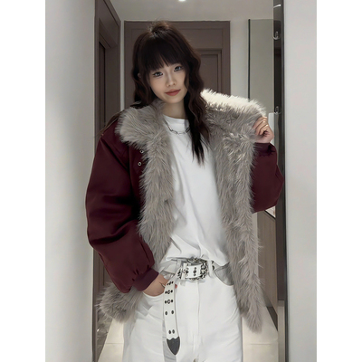 酒红色麂皮绒毛领棉服男女冬季