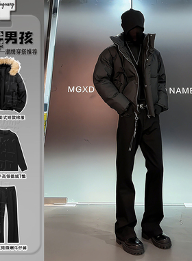 黑色可拆卸连帽pu皮羽绒棉服男生搭配一整套冬装高腰深档牛仔裤子