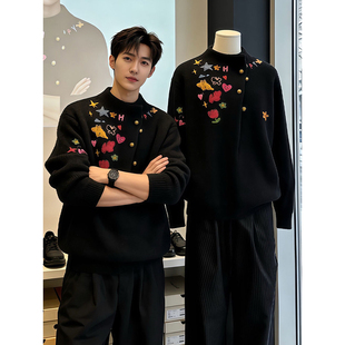 黑色卡通涂鸦半高领毛衣男冬季高级感慵懒针织衫cleanfit内搭上衣
