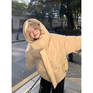 韩系奶杏色连帽羽绒棉服男女冬季加厚保暖面包服小个子显瘦皮棉衣