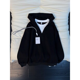 黑色假两件连帽卫衣男款春季美式加绒套头上衣cleanfit内搭打底衫