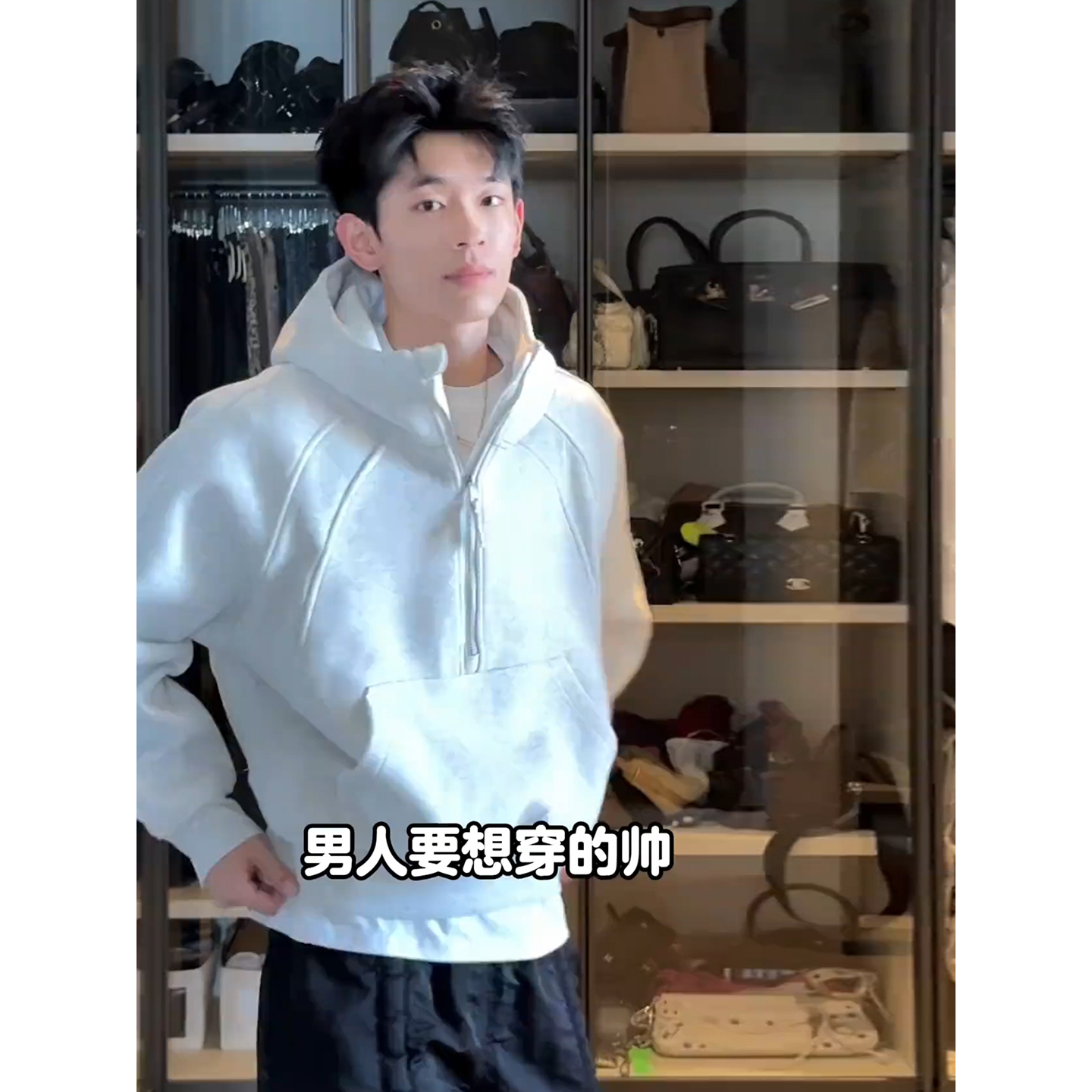 重磅白花灰半开衫拉链立领卫衣男