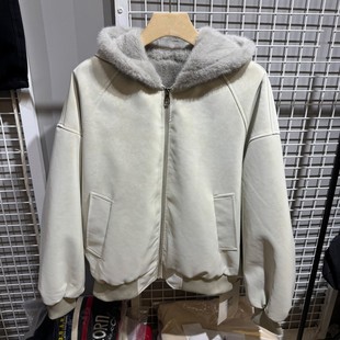 皮毛一体座山雕外套棉服男款冬季加绒加厚皮衣夹克毛茸茸连帽棉衣