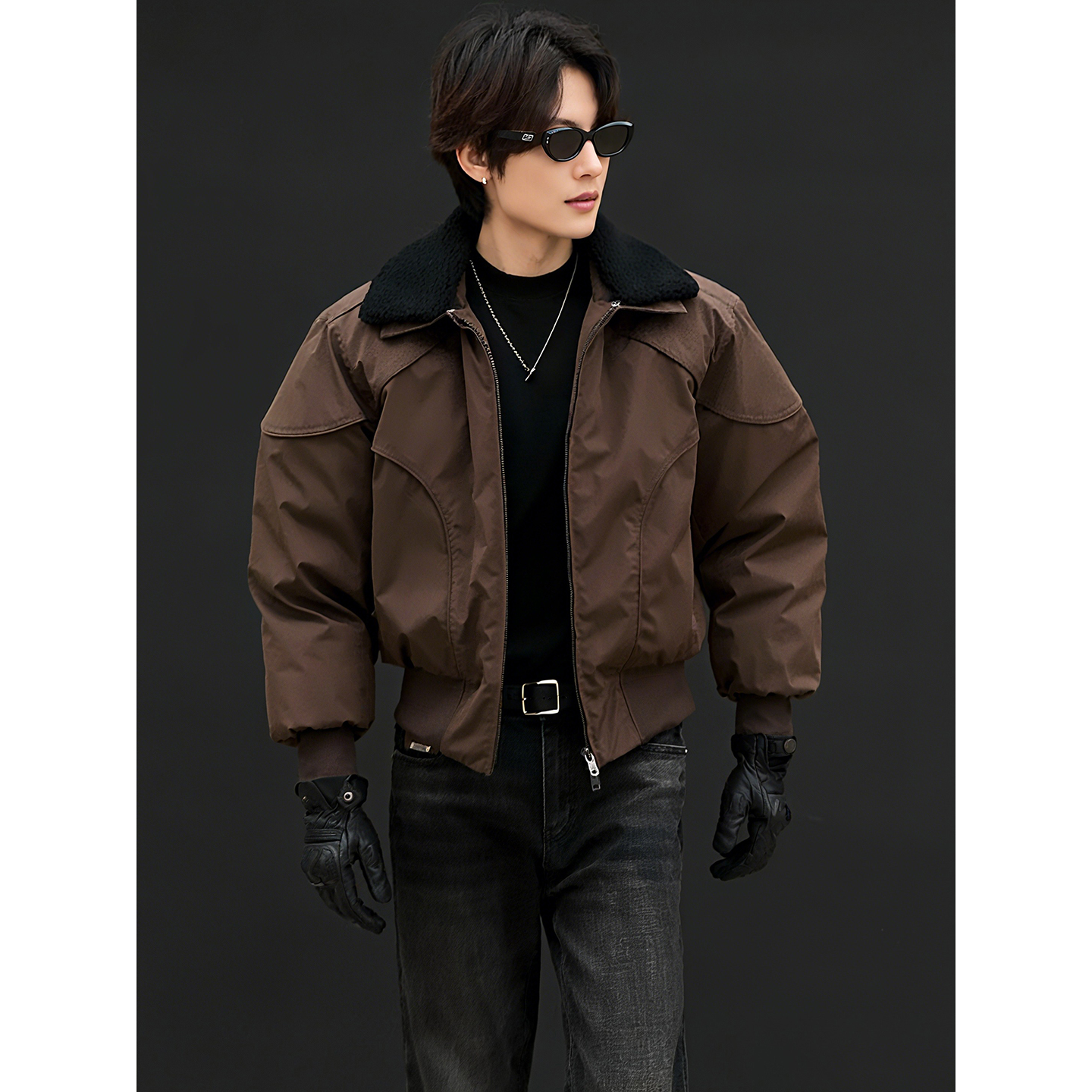 咖色毛领飞行夹克棉服男冬季夹棉