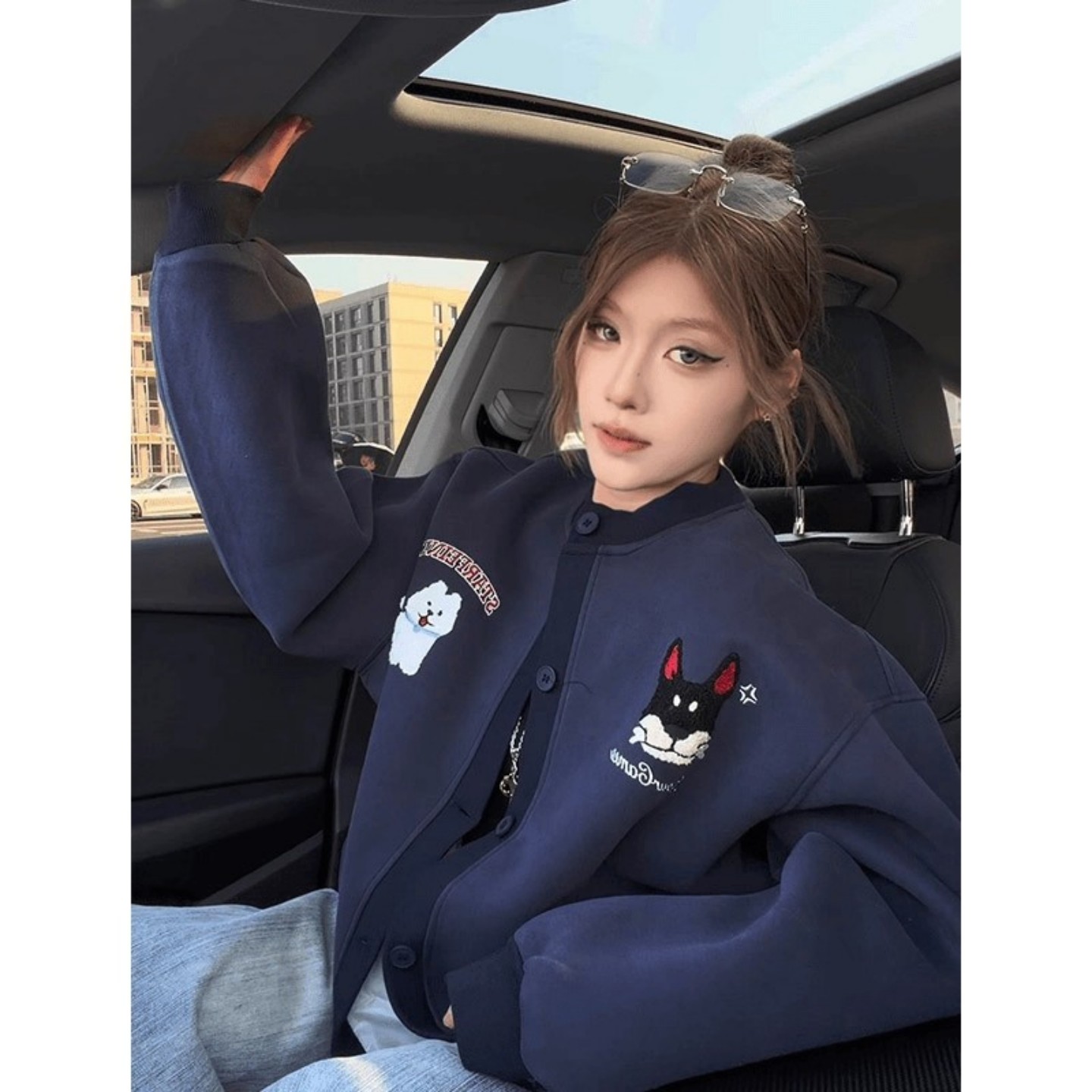 藏青色卡通刺绣棒球服男女美式复古开衫卫衣小众设计感情侣装夹克