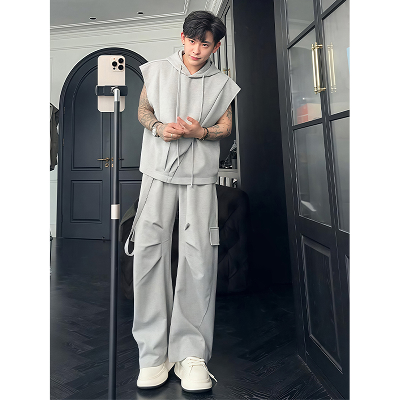 夏装高级感无袖连帽卫衣两件套