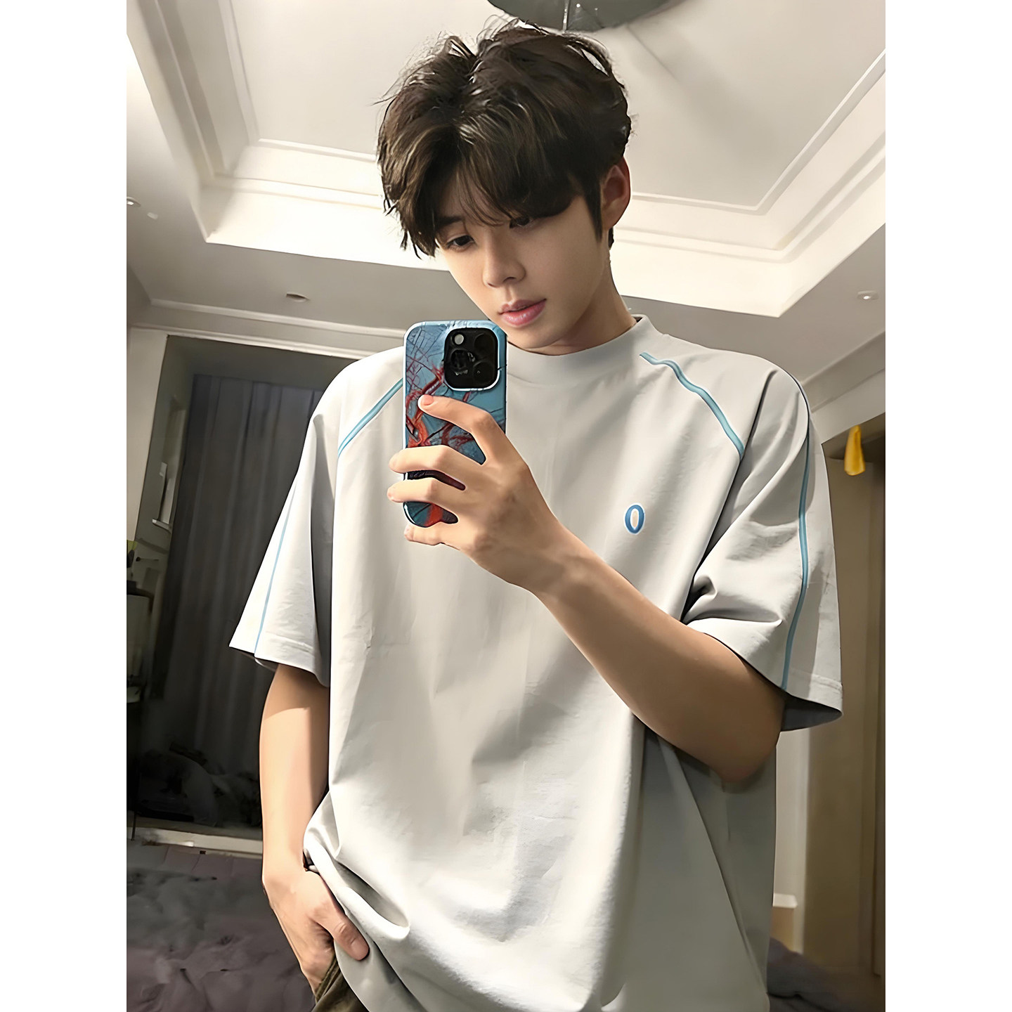 浅蓝色防晒冰丝速干衣男夏季美式正肩短袖t恤户外跑步运动骑行服