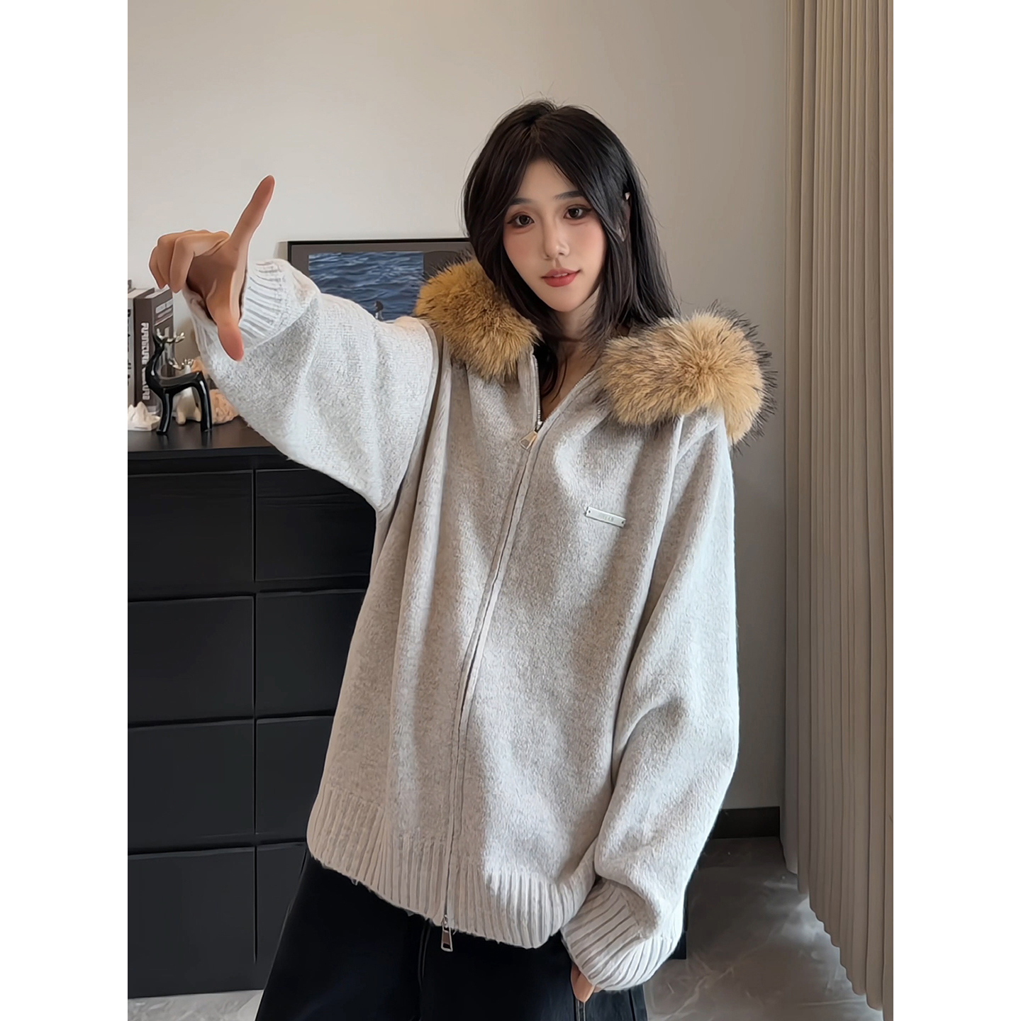 美式大毛领拉链开衫毛衣男款秋冬季慵懒chic连帽卫衣休闲情侣外套