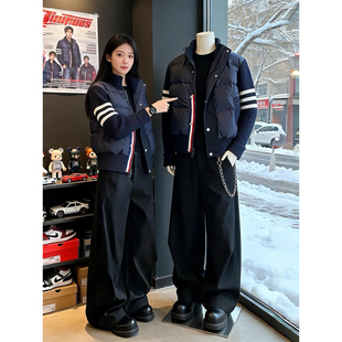 黑色针织拼接轻薄棉服男女冬季加厚三条杠保暖棉衣高级感短款外套