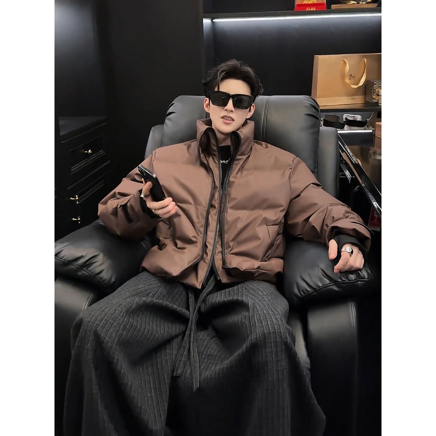 美拉德咖啡色羽绒棉服冬季假两件