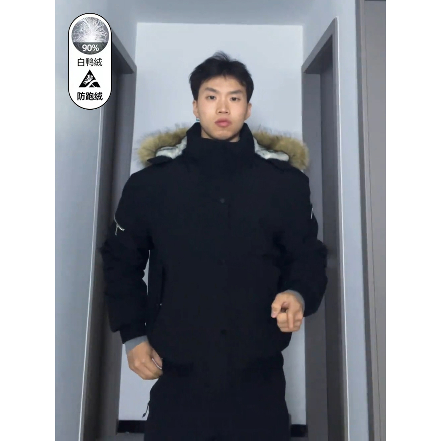 黑色狼王座山雕羽绒服男冬季美式仿水貂毛外套户外防寒连帽派克服