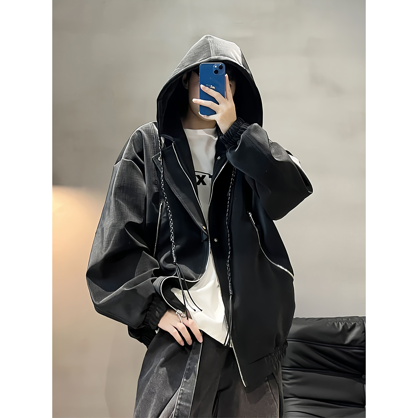 黑色雾面哑光PU皮衣外套男秋季痞帅高级感美式机车服休闲连帽外套