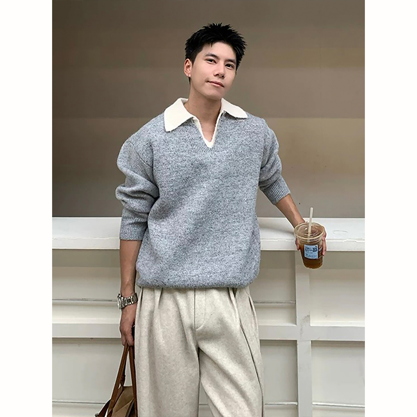 灰色假两件polo领套头毛衣男款