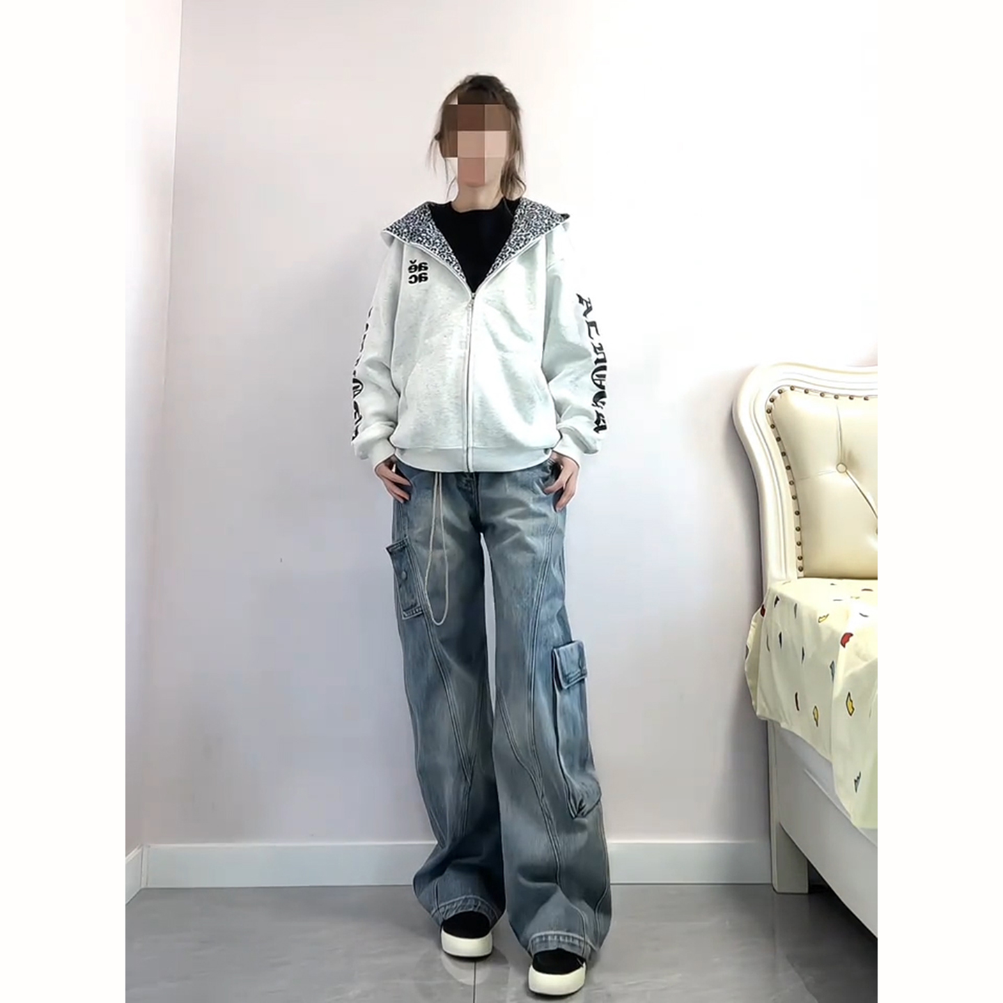 美式复古豹纹连帽卫衣男款秋冬