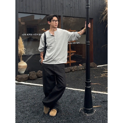 花灰色华夫格长袖t恤男生高级感