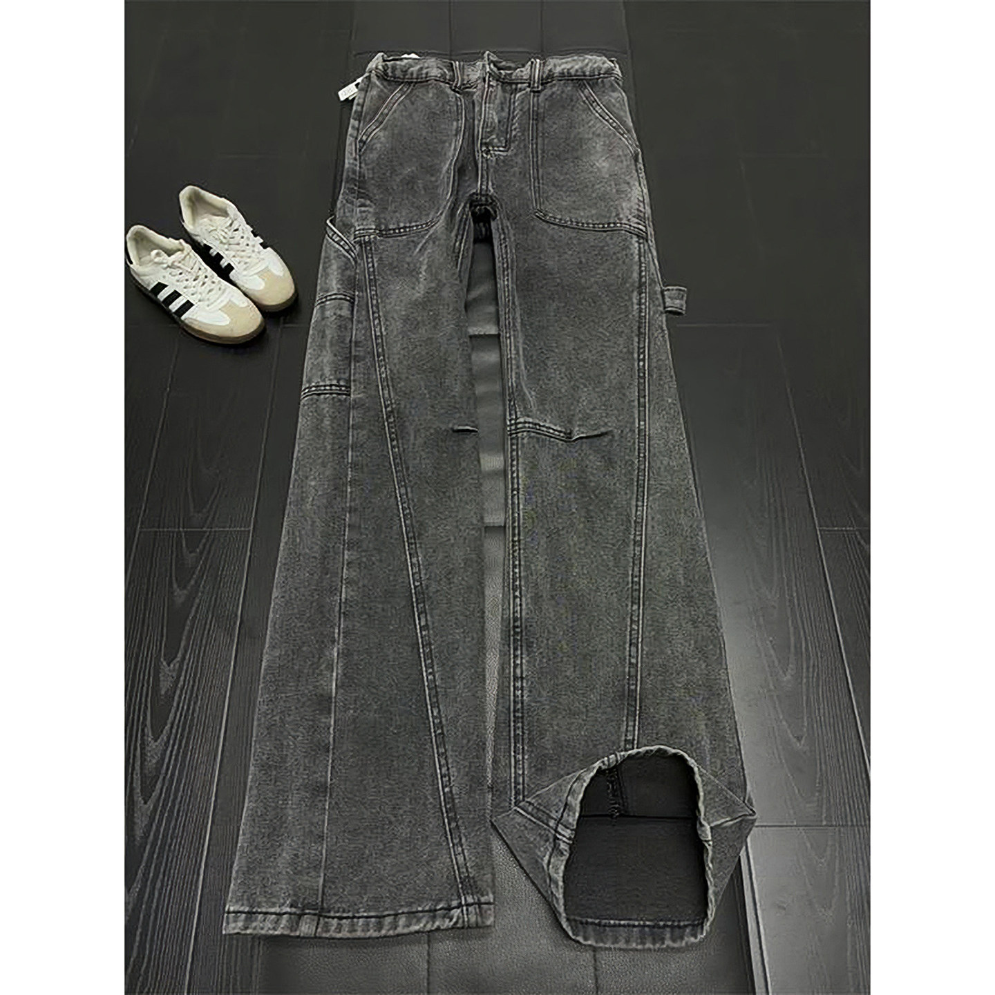 美式复古水洗黑灰色牛仔裤男冬季斜切伐木工装裤子直筒弯刀微喇裤