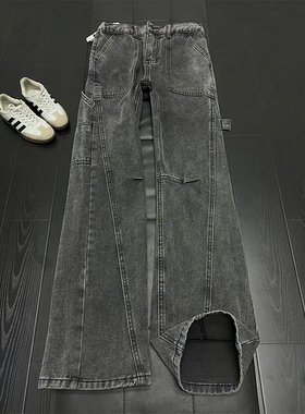 美式复古水洗黑灰色牛仔裤男冬季斜切伐木工装裤子直筒弯刀微喇裤