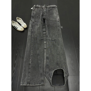 美式复古水洗黑灰色牛仔裤男冬季斜切伐木工装裤子直筒弯刀微喇裤