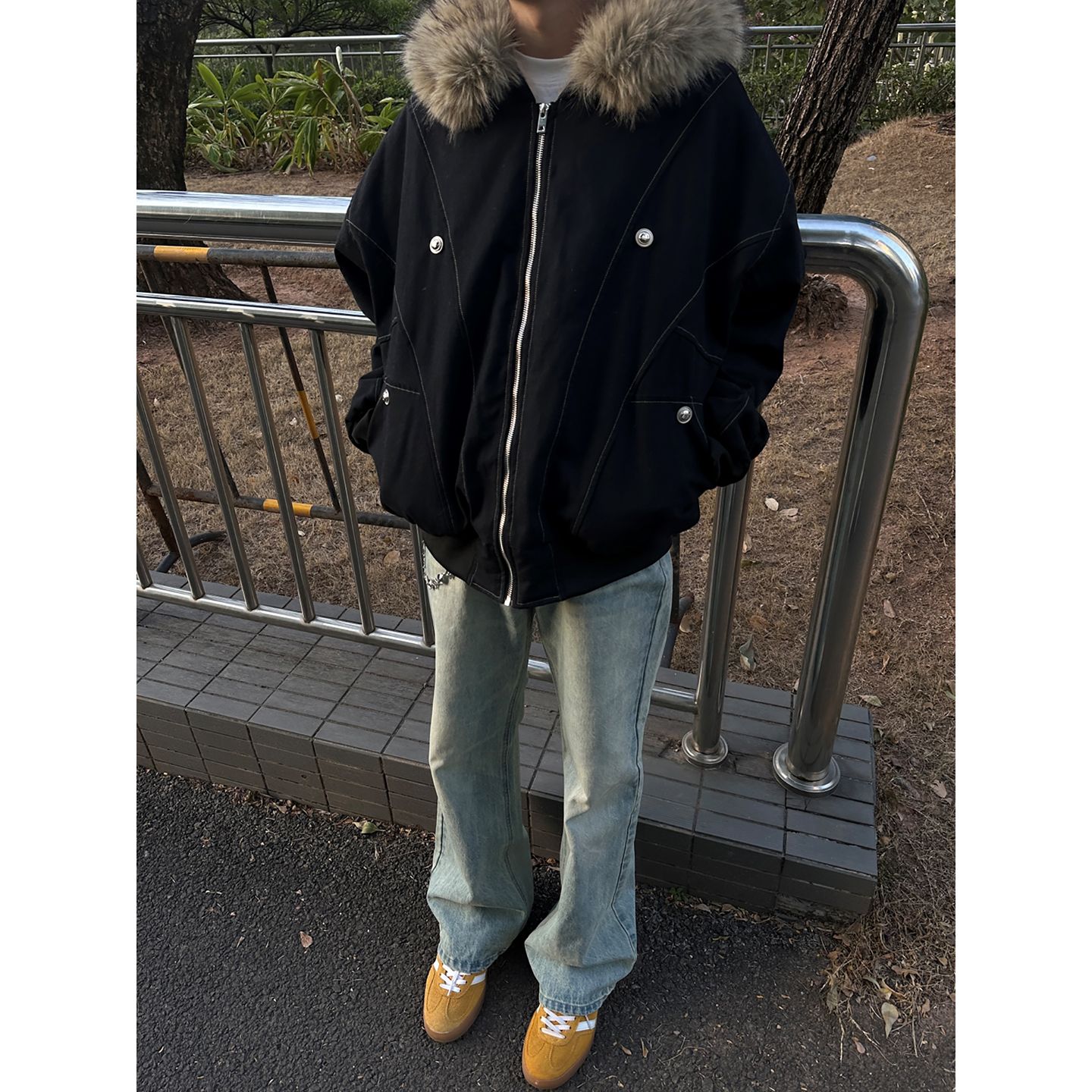 car美式复古棉服男冬季解构拼接