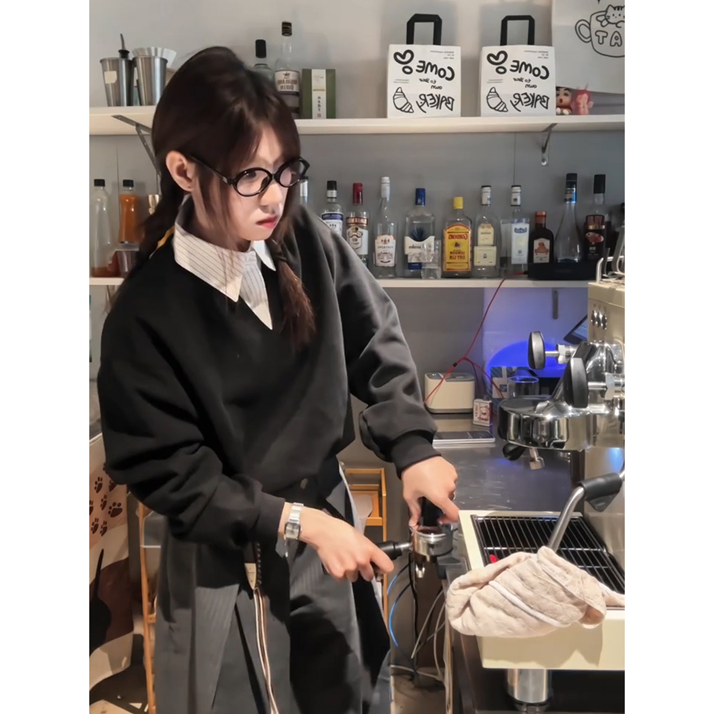 韩系假两件条纹衬衫领卫衣男女