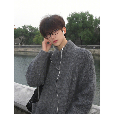 深灰色半高领拉链开衫毛衣男秋冬