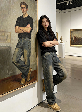 泥黄色窄版弯刀牛仔裤男款冬季美式高街vibe裤子微喇阔腿工装长裤