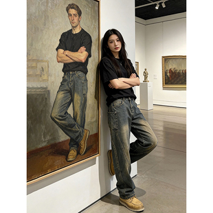 泥黄色窄版弯刀牛仔裤男款冬季美式高街vibe裤子微喇阔腿工装长裤
