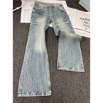 美式高街闪电纹微喇牛仔裤男款