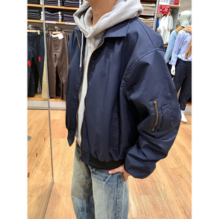 藏青色美式飞行夹克棉服男款秋冬夹棉加厚行政外套廓形翻领棒球服