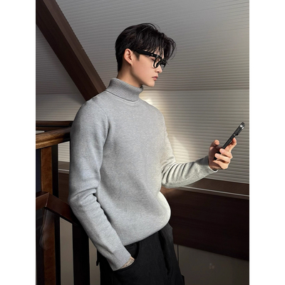 浅灰色高领毛衣男款冬季加绒加厚