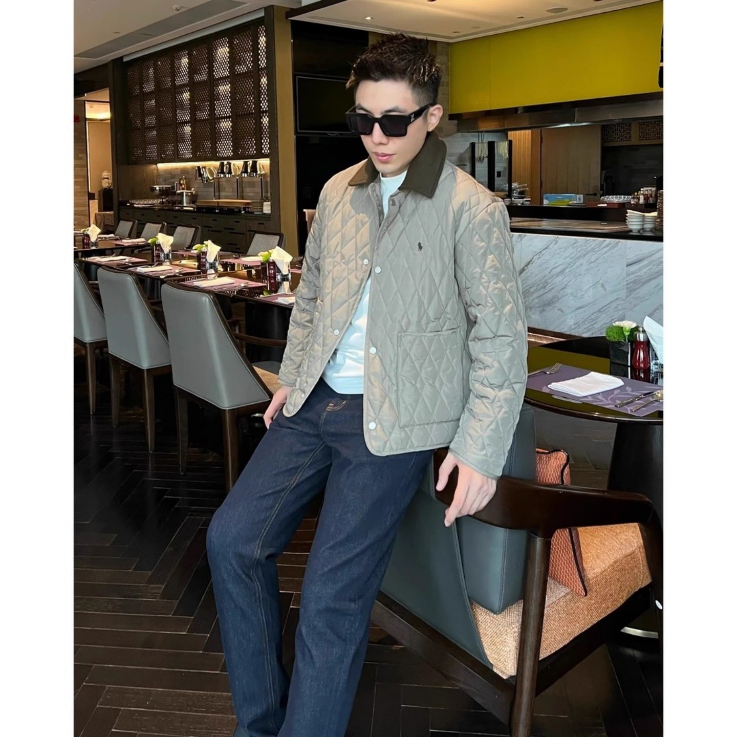 小马刺绣菱形格衬衫式夹克棉服