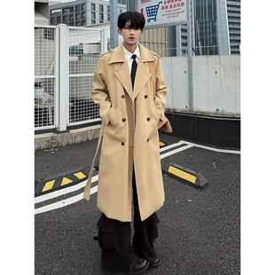 卡其色双排扣中长款风衣男款冬季加棉英伦风过膝韩系穿搭大衣外套