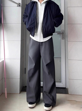 灰色美式褶皱微喇西裤男款秋冬高级感垂感加绒裤子休闲百搭弯刀裤