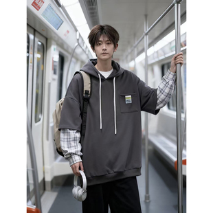 美式痞帅假两件衬衫袖连帽卫衣男款春季慵懒风外套少年感情侣上衣