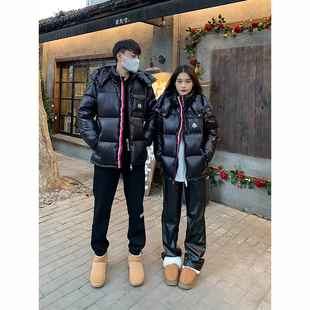 黑色亮面彩虹条连帽羽绒服冬季男士高级感外套短款保暖情侣厚棉衣