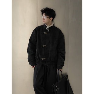 飞机扣棉服外套短宽boxy加绒棉衣 美式 黑色毛领座山雕外套男款 冬季