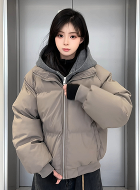 灰色假两件PU皮棉服男女冬季美式连帽加厚外套cleanfit短款面包服