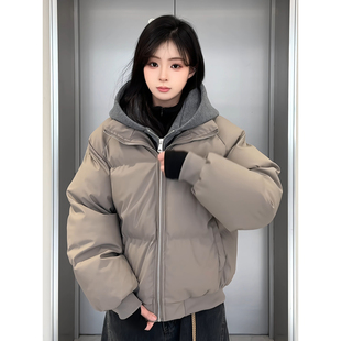 灰色假两件PU皮棉服男女冬季美式连帽加厚外套cleanfit短款面包服