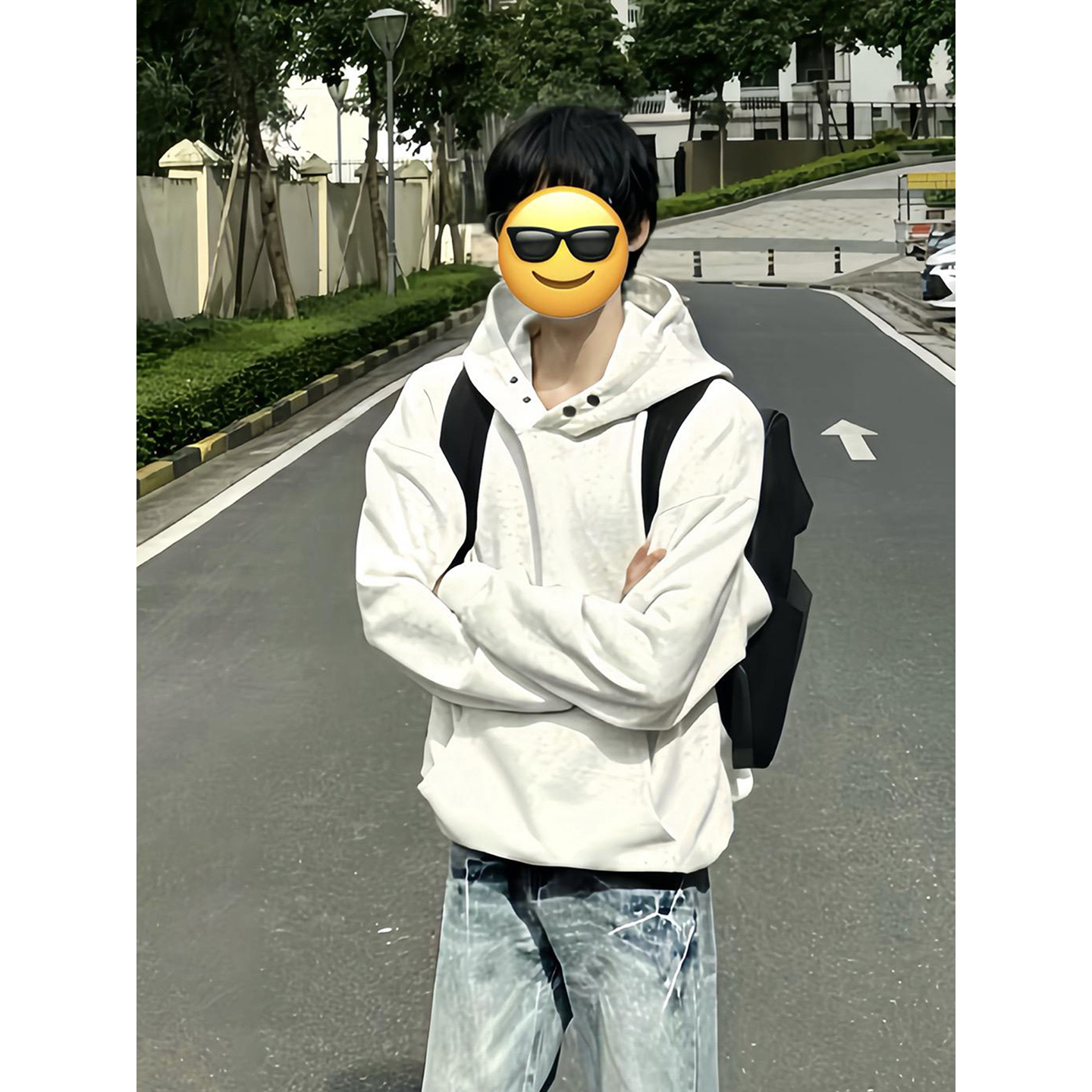 白灰色重磅硬挺连帽卫衣男