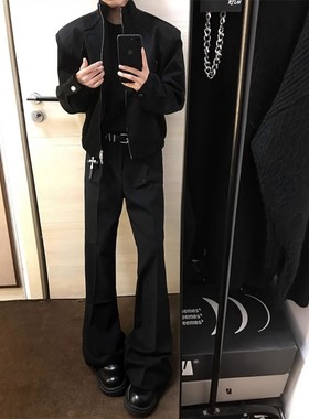 黑色高腰深档西装裤男秋冬厚款加绒微喇裤子高个子加长修身弯刀裤