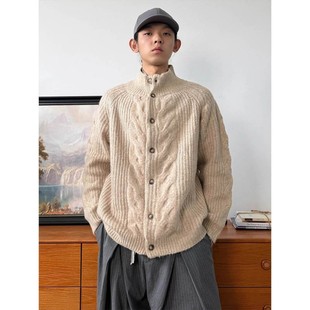 老钱风卡其色开衫针织衫男款美式复古慵懒风外套半高领麻花毛线衣