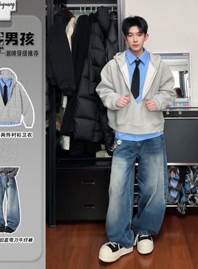 美式假两件拼接连帽卫衣男春季设计感dk领带衬衫外套痞帅穿搭套装