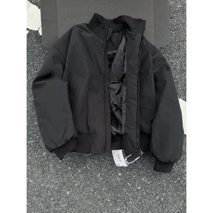 黑色bomber飞行夹克棉服男秋冬季廓形立领棒球羽绒服美式短款外套