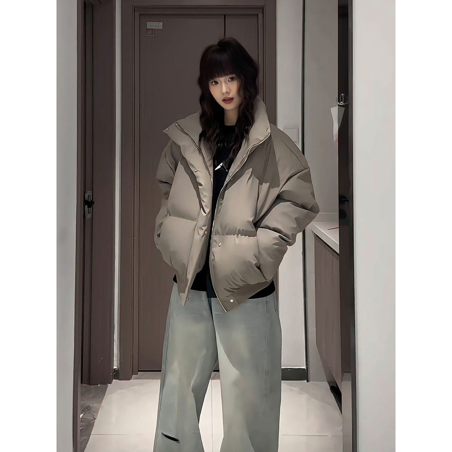 咖啡色pu皮羽绒棉服男冬季